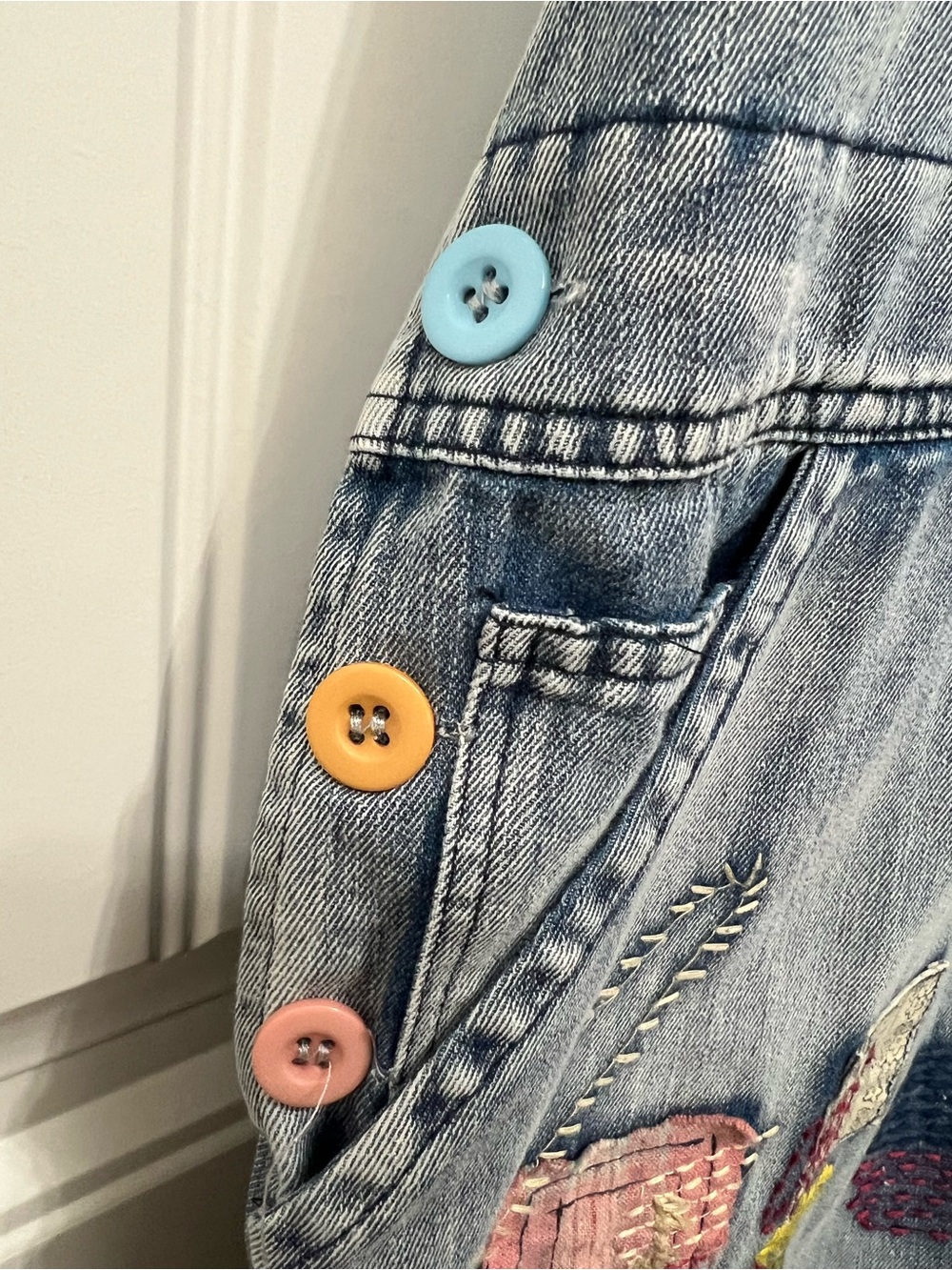 Blue Velvet Fun and Funky Overalls with Colorful Embroidery and Patchwork. - Picture 5 of 10